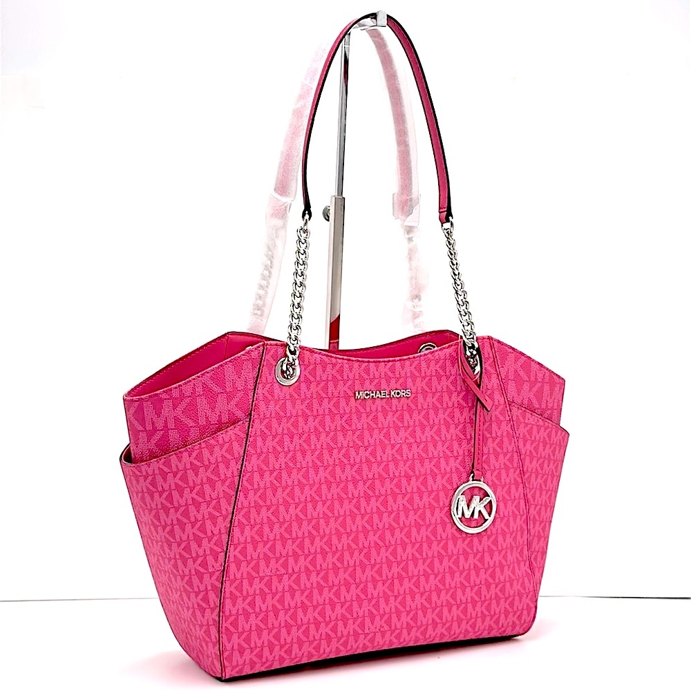 MICHAEL KORS  Jet Set Travel Large Signature Chain Shoulder Tote Bag Dragonfruit - Picture 3 of 14